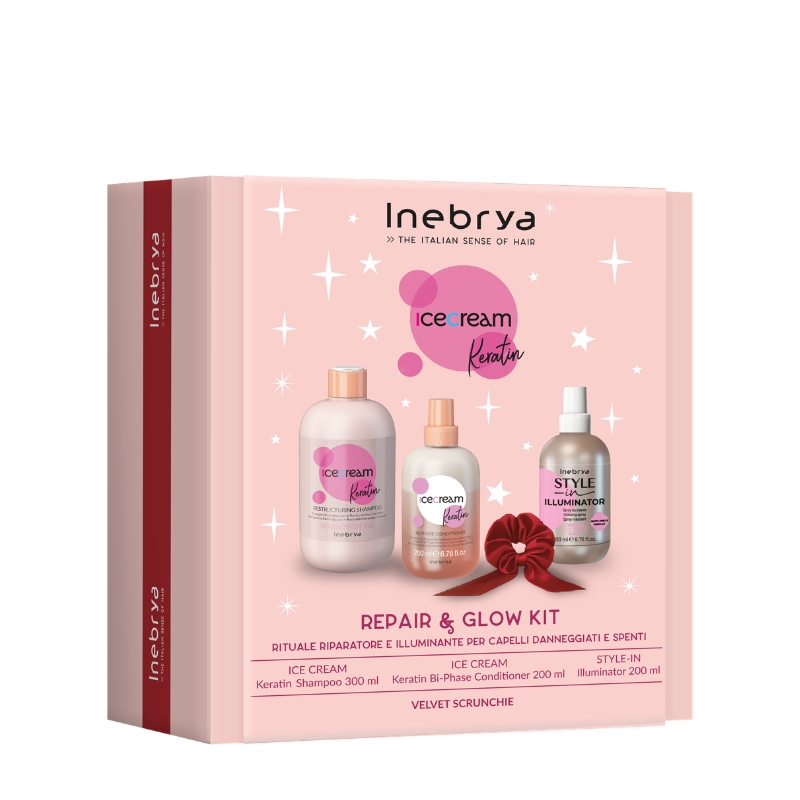 Inebrya Ice Cream Keratin Repair & Glow Kit, Rituale Riparatore Illuminante per Capelli Danneggiati Spenti